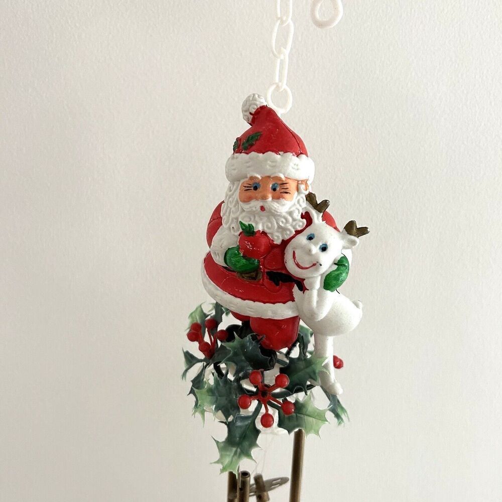 Vintage Santa Reindeer Wind Chimes Plastic Blow Mold Christmas Holly MCM Retro